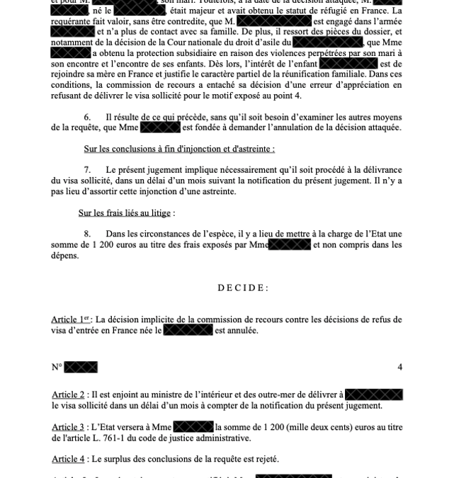 Annulation d’un refus de visa pour réunification familiale partielle devant le Tribunal administratif de Nantes