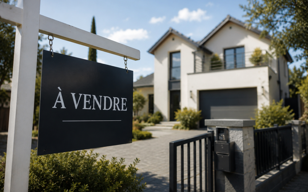Maison individuelle proposée à la vente avec un panneau « À vendre », illustrant un article sur la responsabilité de l'acquéreur qui évince frauduleusement un agent immobilier.